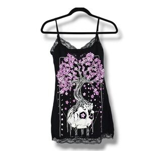 Body Rage Black Skull Cherry Blossom Lace Trim Cami Top Women's Large
